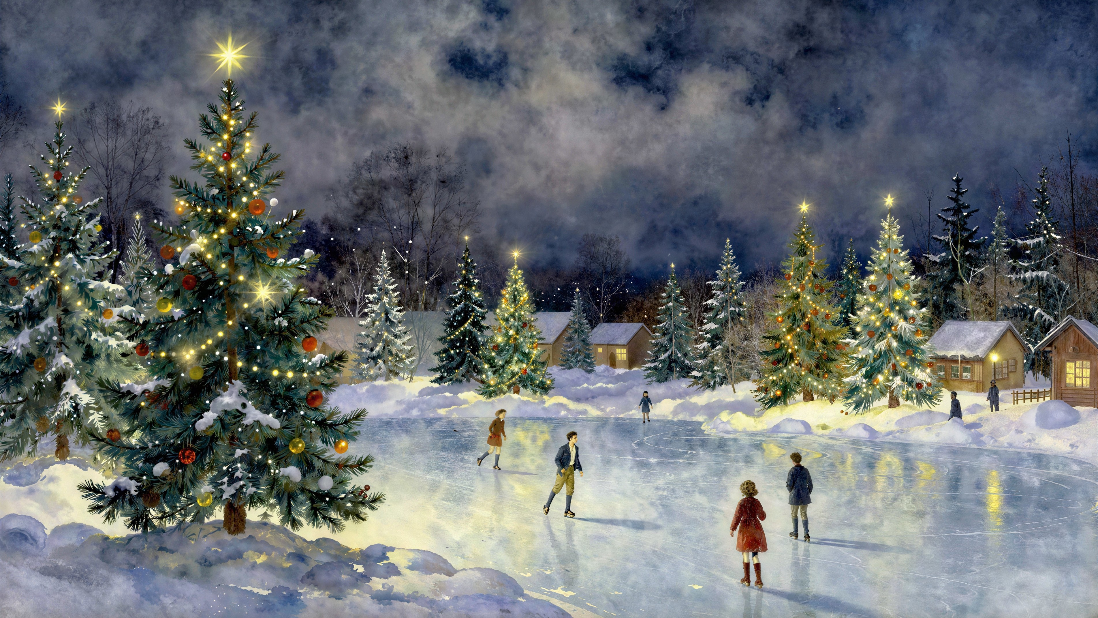 Winter Landscape with Ice Skating and Christmas Trees