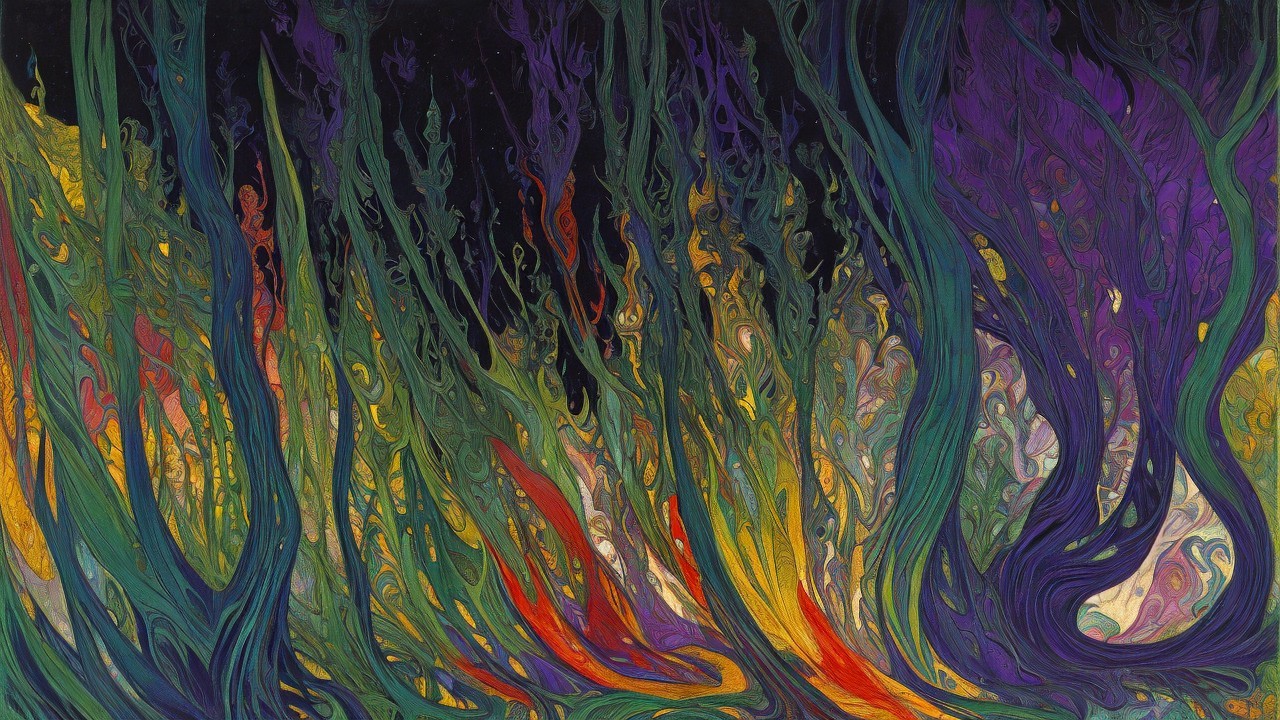 Abstract Landscape with Vibrant Colors and Swirling Forms