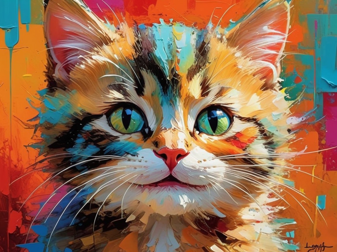 Colorful Cat with Green Eyes and Bold Background