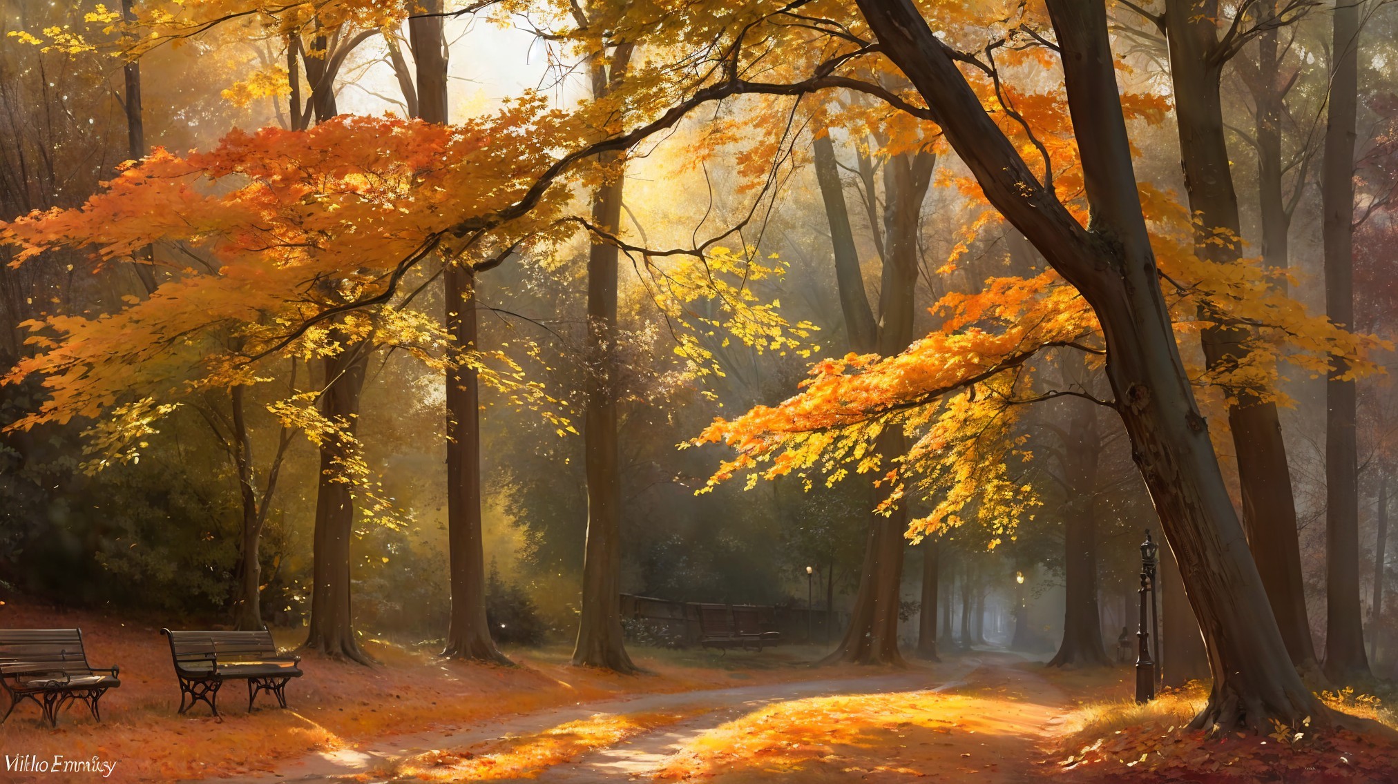 Autumn Forest Scene with Golden Light and Benches