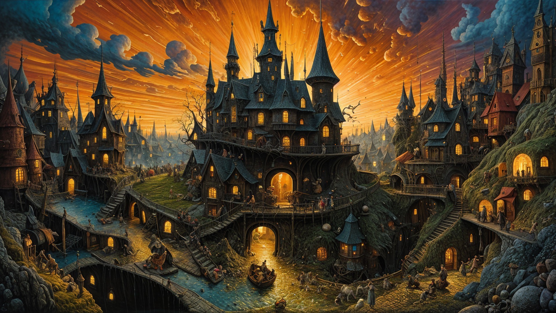 Fantastical village with whimsical architecture and sky