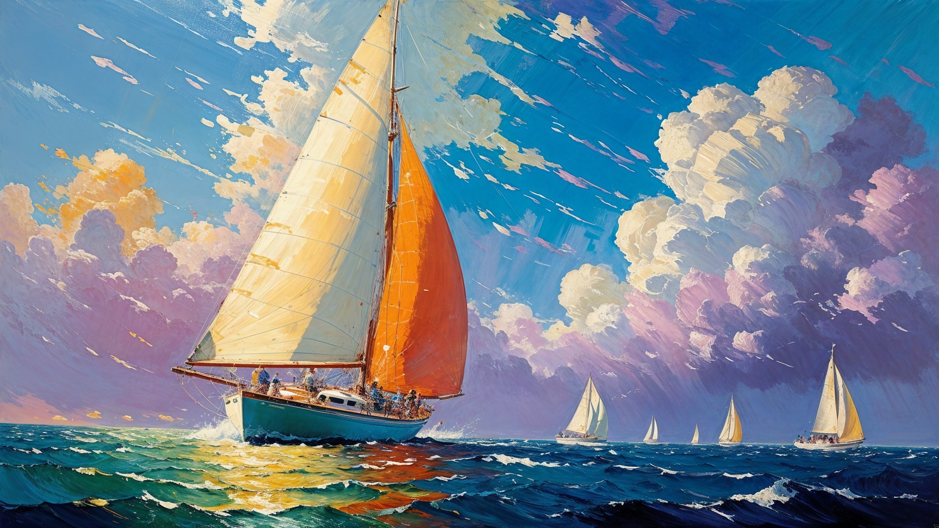 Vibrant Sailing Scene with Boats on Blue Sea