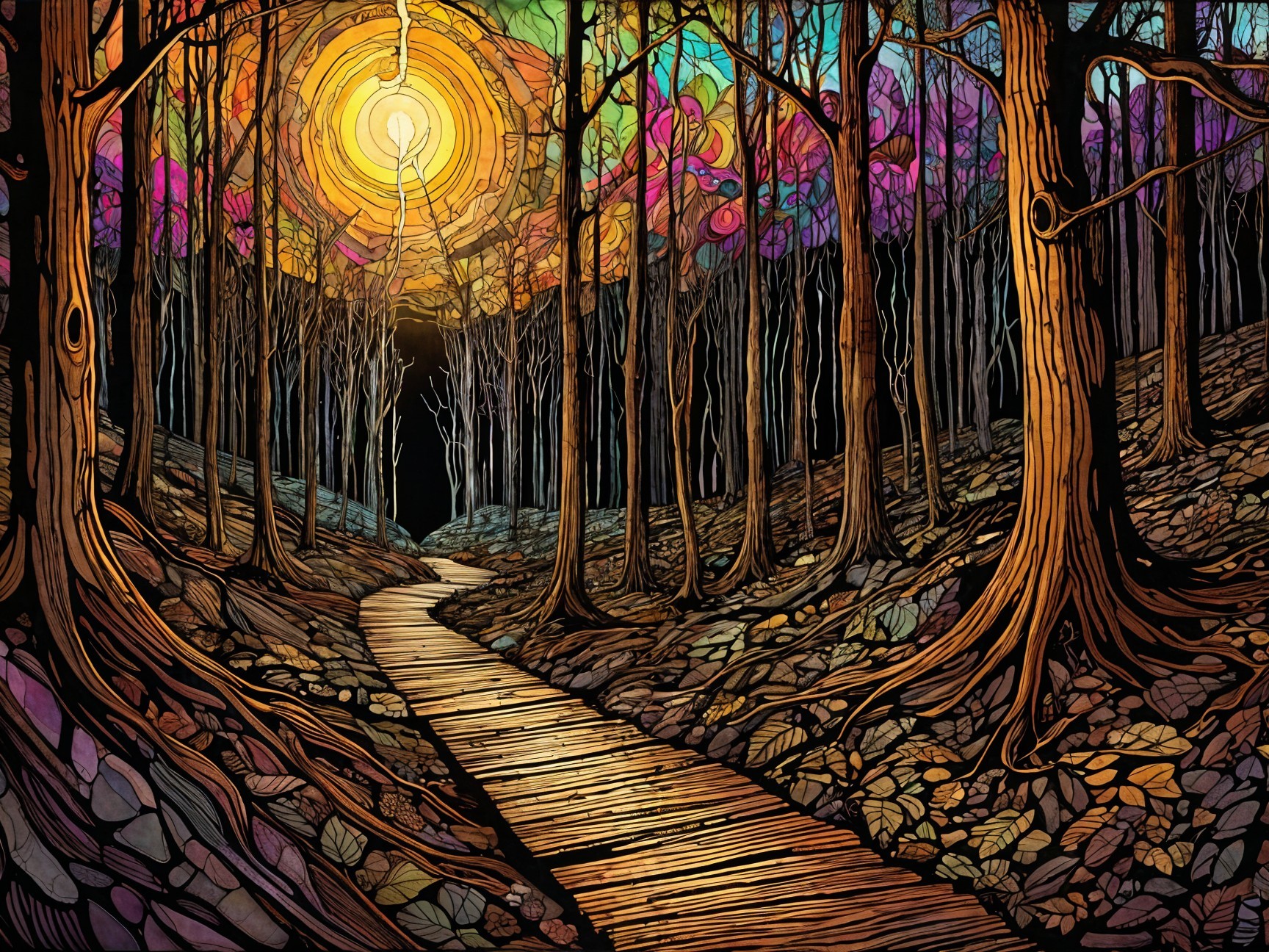 Serene forest path with vibrant stained-glass foliage
