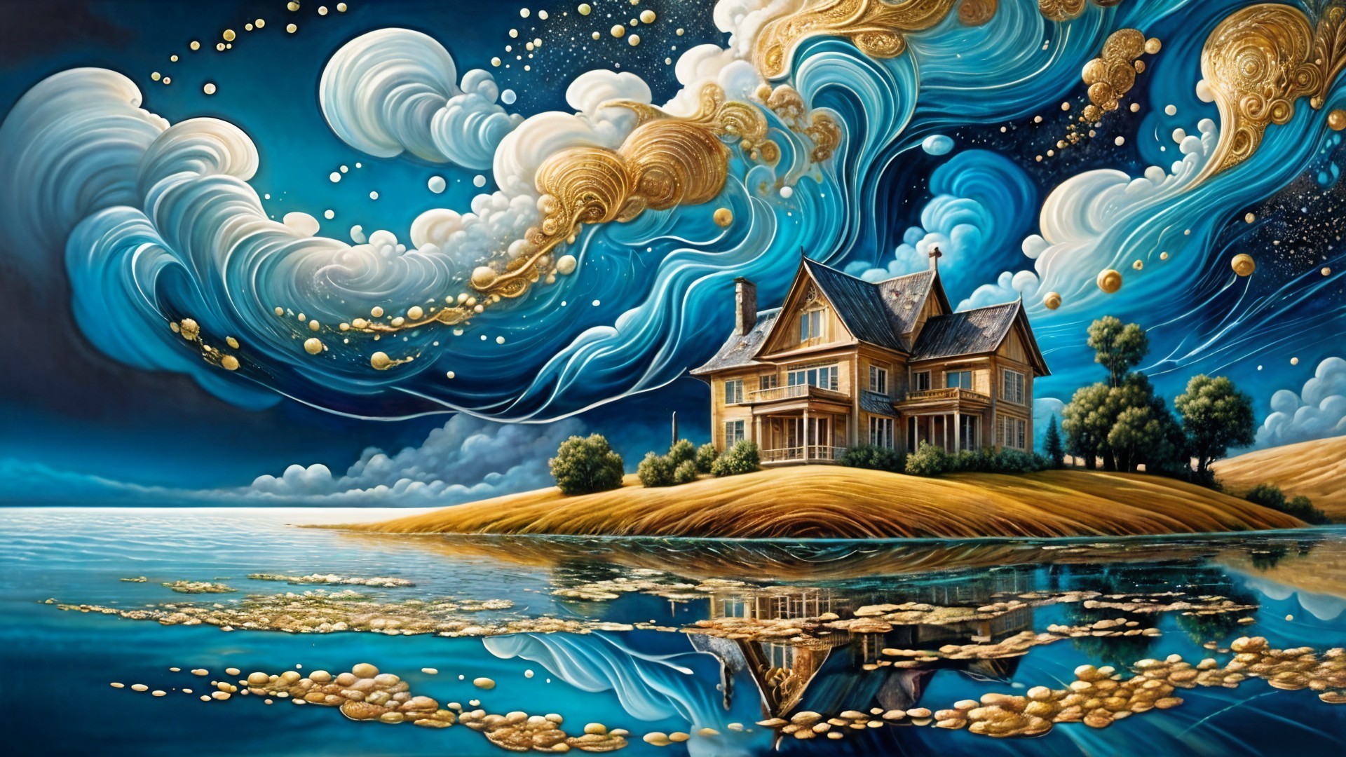Whimsical Landscape with Grand House and Tranquil Water