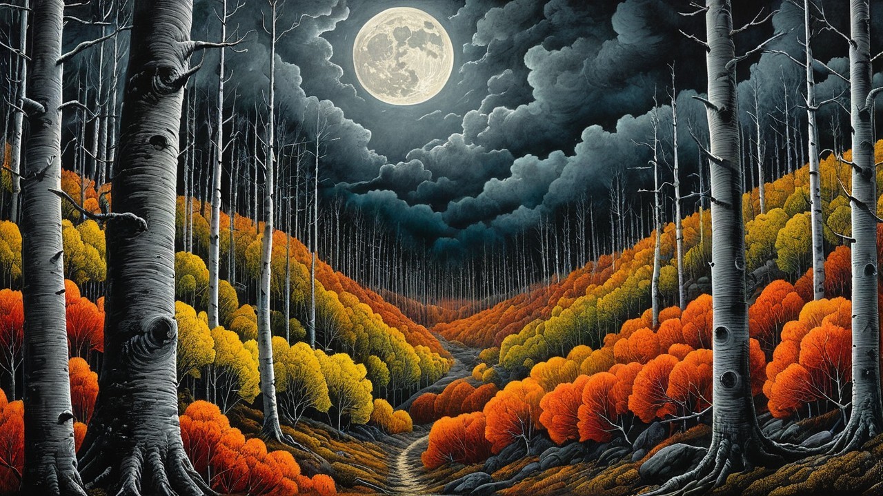 Night Scene of a Forest Under a Full Moon