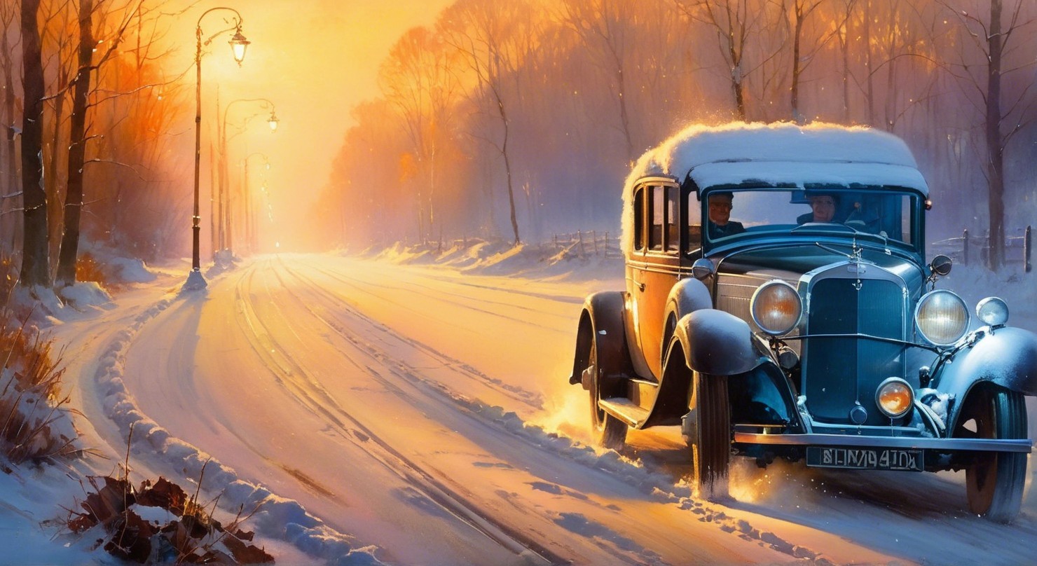 1930s Vintage Car in Snowy Sunrise Scene