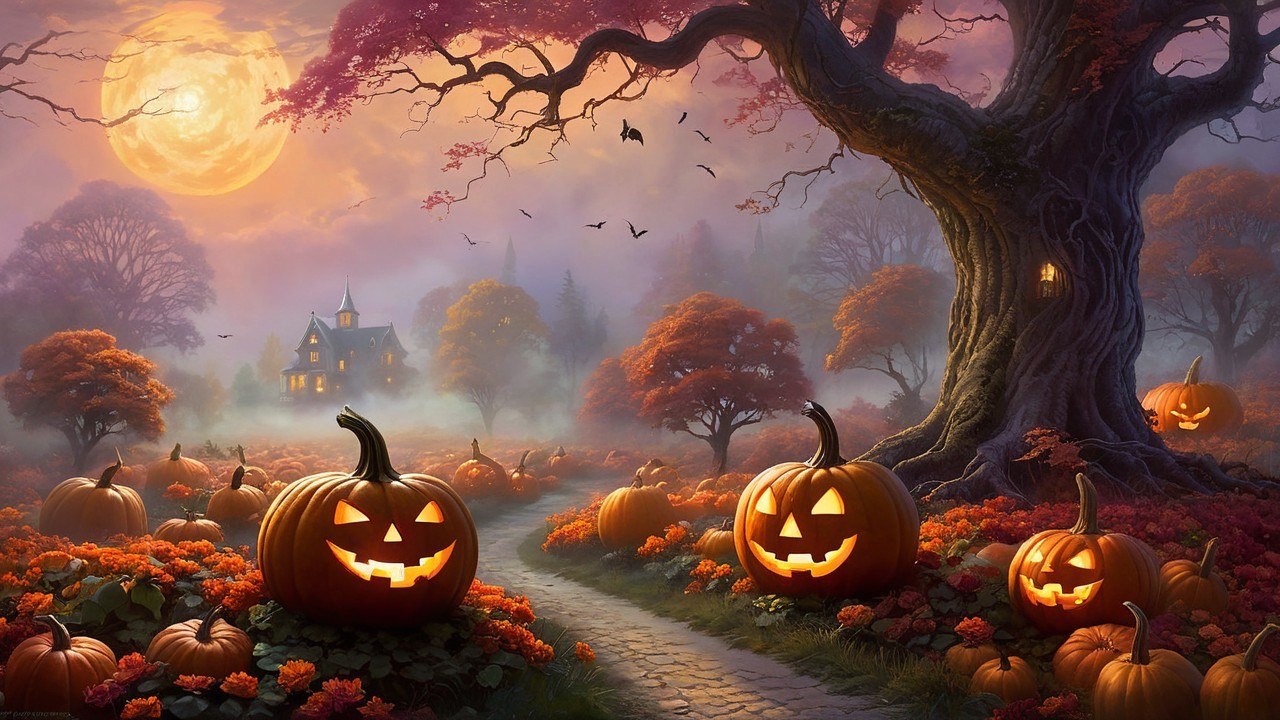 Spooky Halloween Scene with Pumpkins and Moonlight