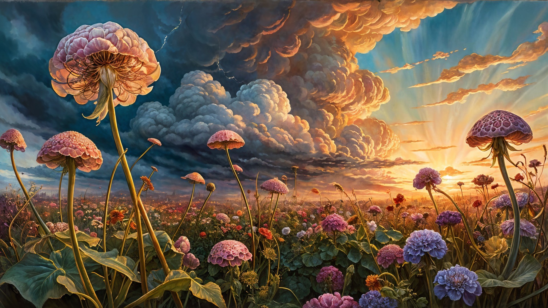 Vibrant Field of Colorful Flowers at Sunset