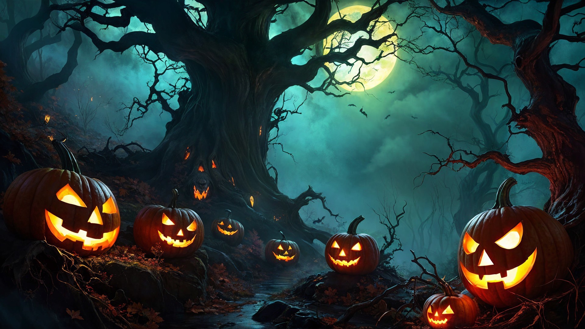 Spooky Halloween Scene in a Dark Forest with Fog
