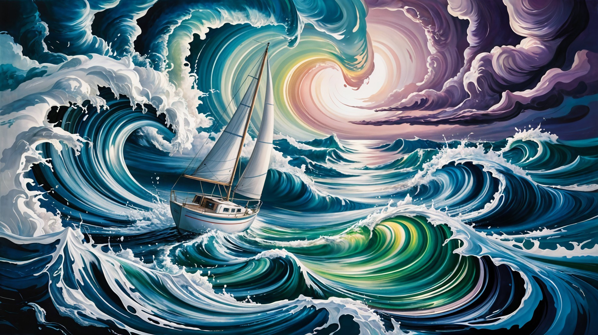 Vibrant Seascape with Sailboat and Tumultuous Waves