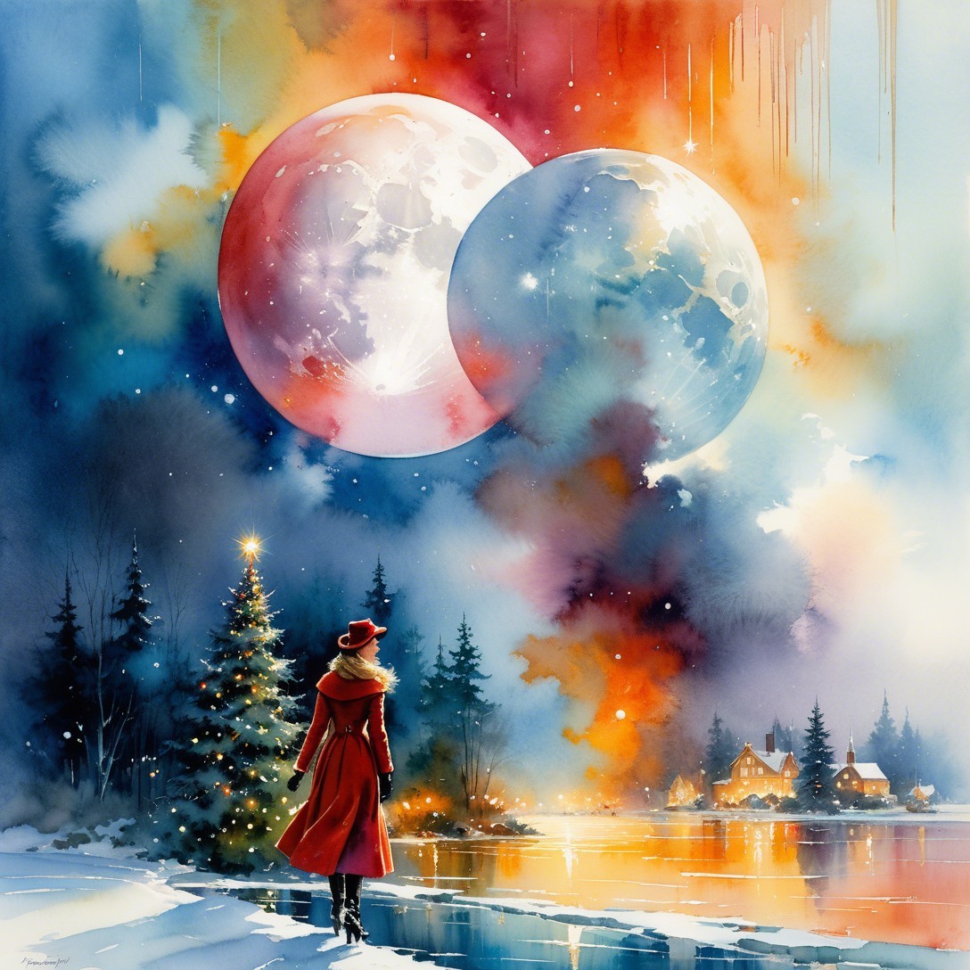 Dreamy Watercolor Scene of Woman by Snowy Lake