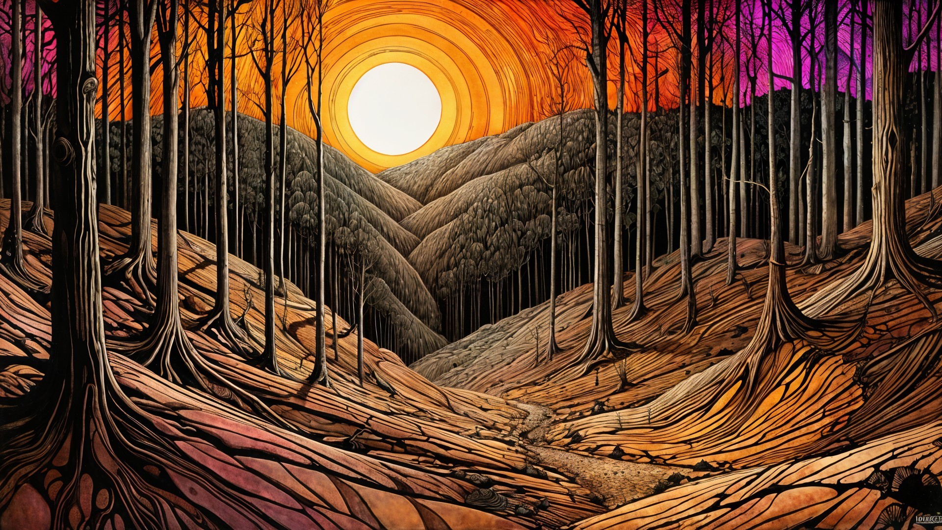 Vibrant Sunset Landscape with Silhouetted Trees