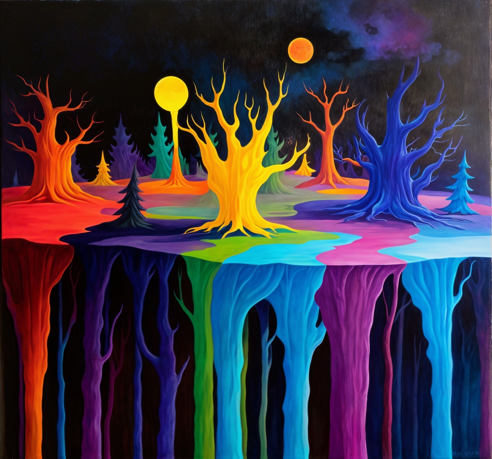 Surreal Landscape with Colorful Trees and Two Suns
