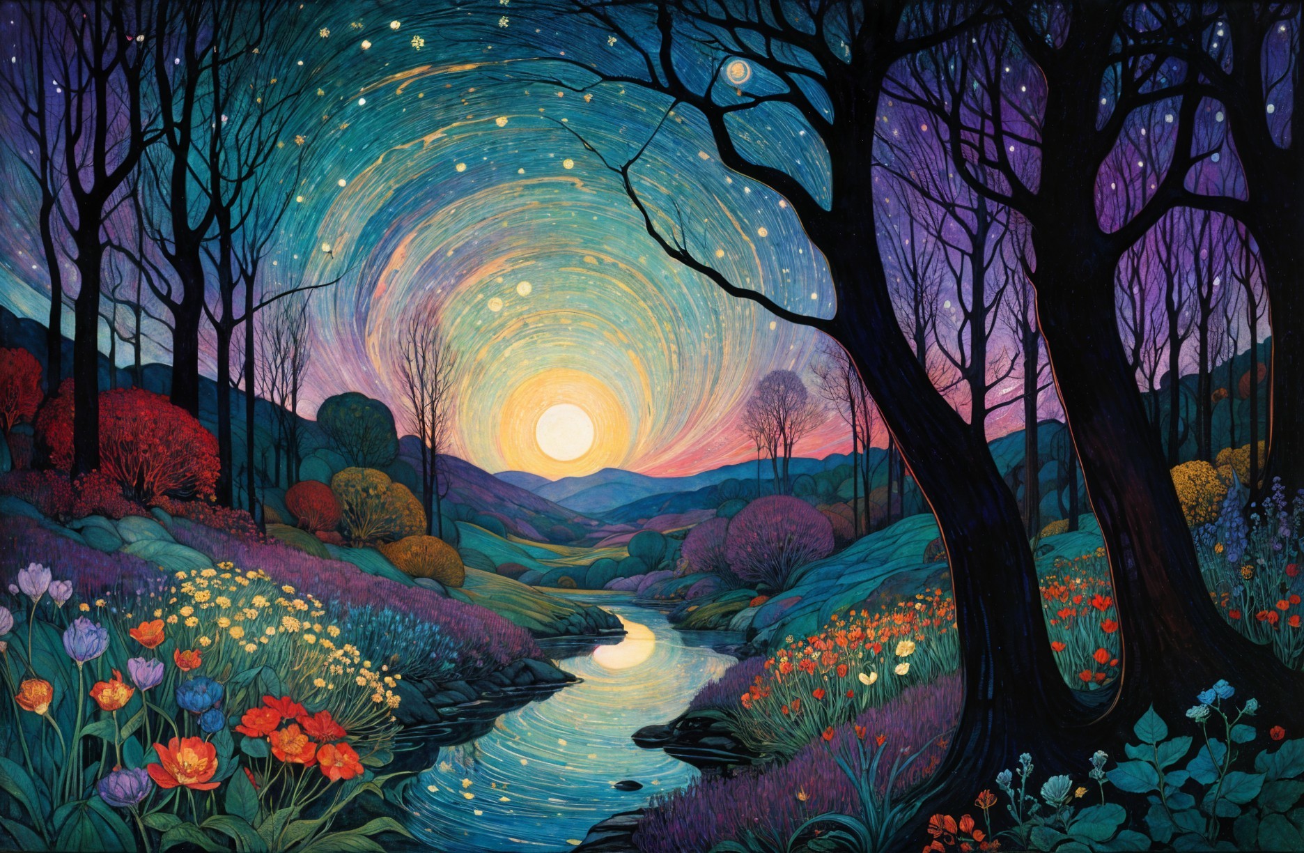 Vibrant Dusk Landscape with Stars and Blooming Flowers