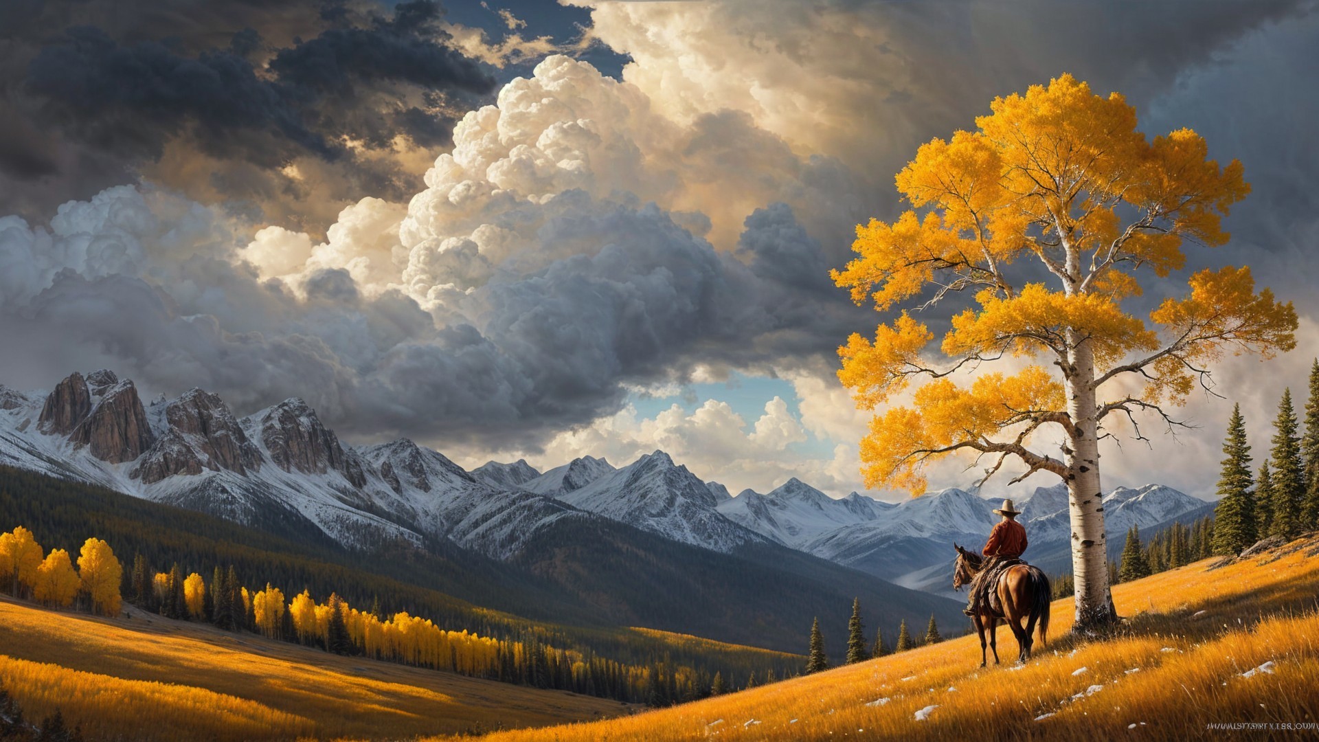 Lone Rider Under a Golden Tree in Autumn Landscape