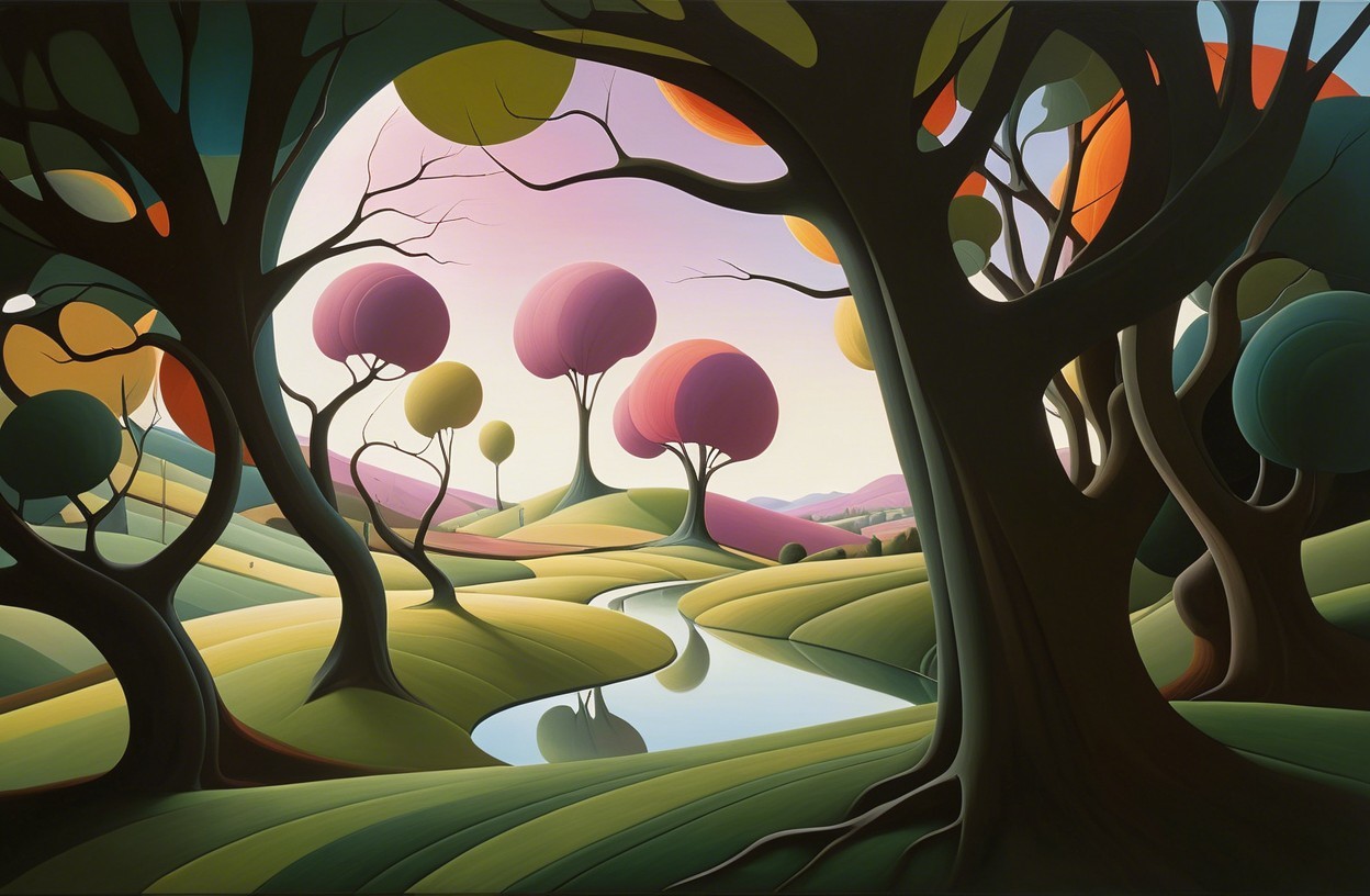 Surreal Landscape with Rolling Hills and Vibrant Trees
