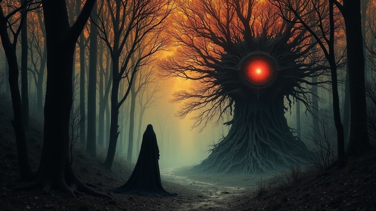 Cloaked Figure and Enormous Tree in Shadowy Forest