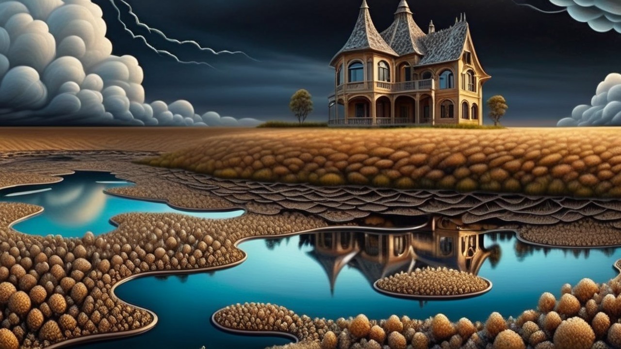 Victorian Mansion in Surreal Landscape with Lightning