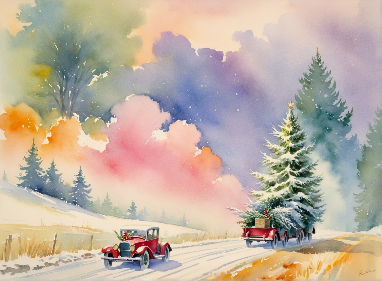 Winter Scene with Vintage Cars in Watercolor Painting