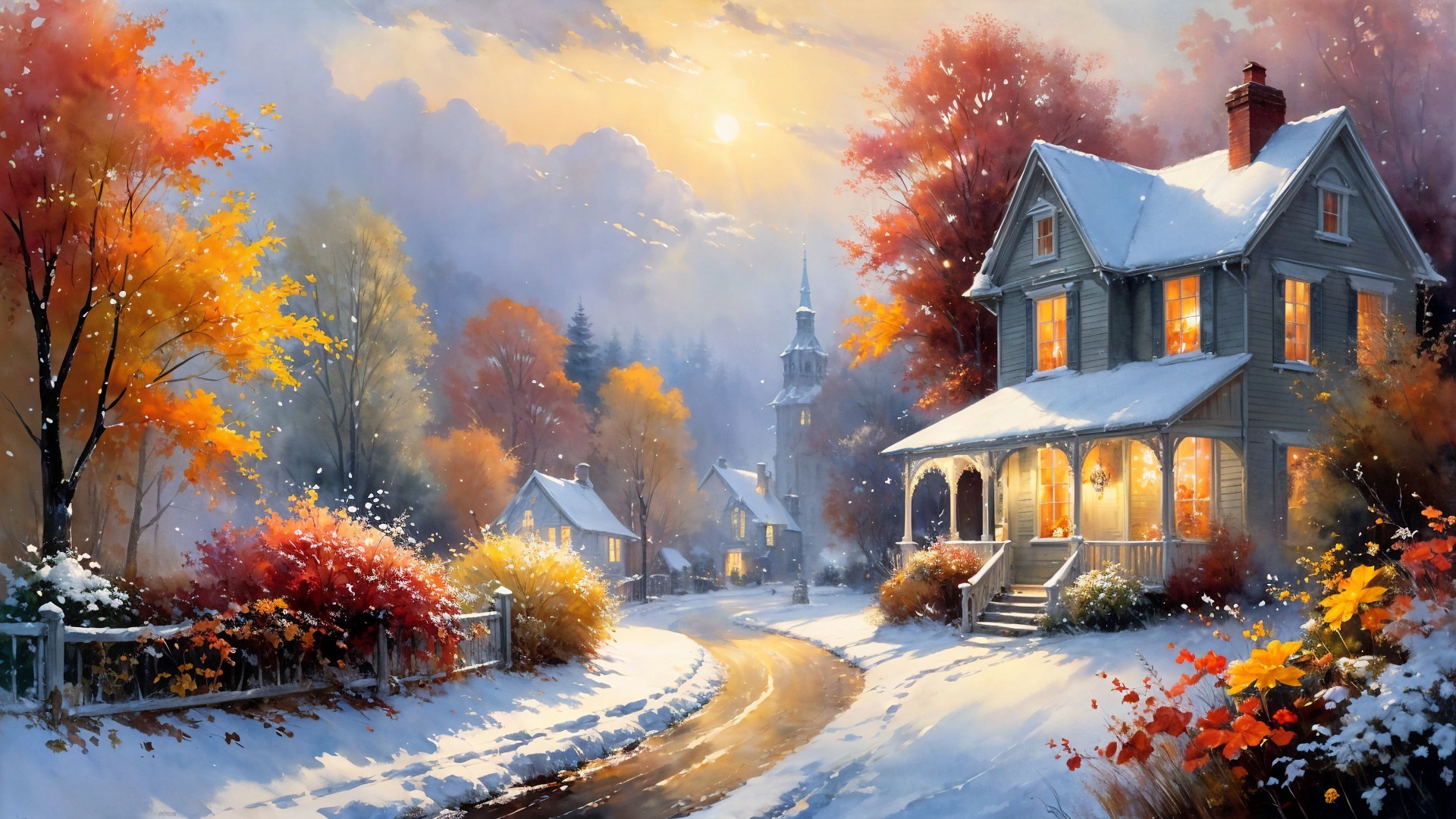 Serene winter scene with snow-covered house and foliage