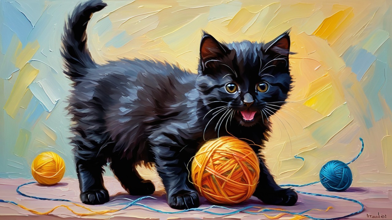Playful Black Kitten with Yarn on Colorful Surface