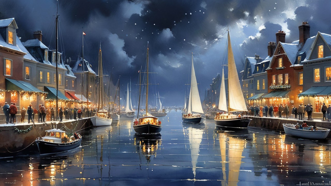Christmas Night on a Canal with Festive Sailboats