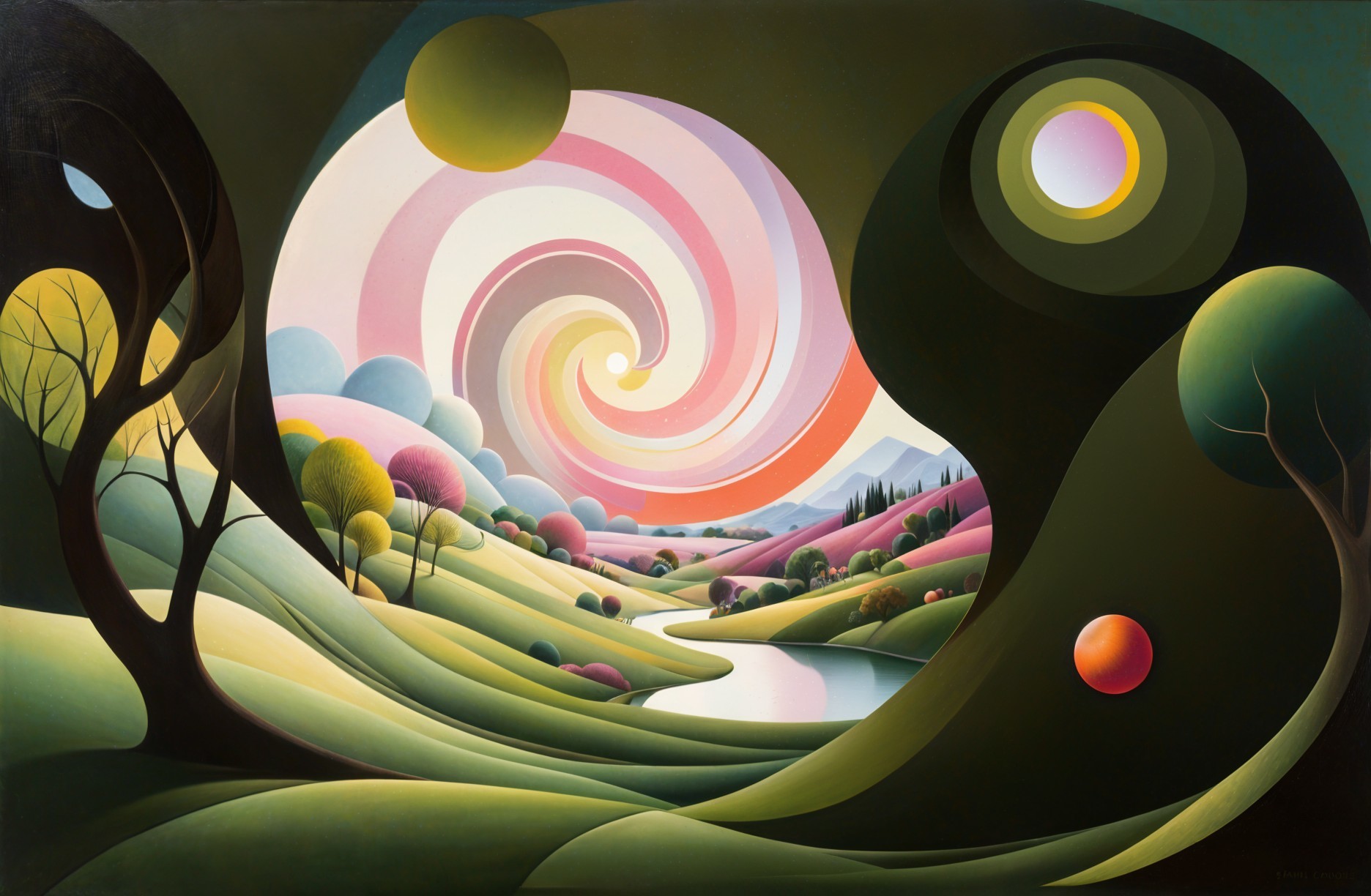 Vibrant Landscape with Pastel Colors and Celestial Bodies