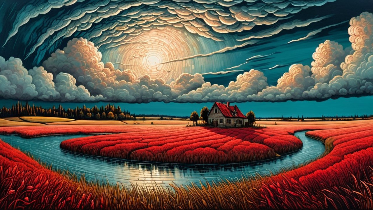 Vibrant landscape with a house and colorful fields