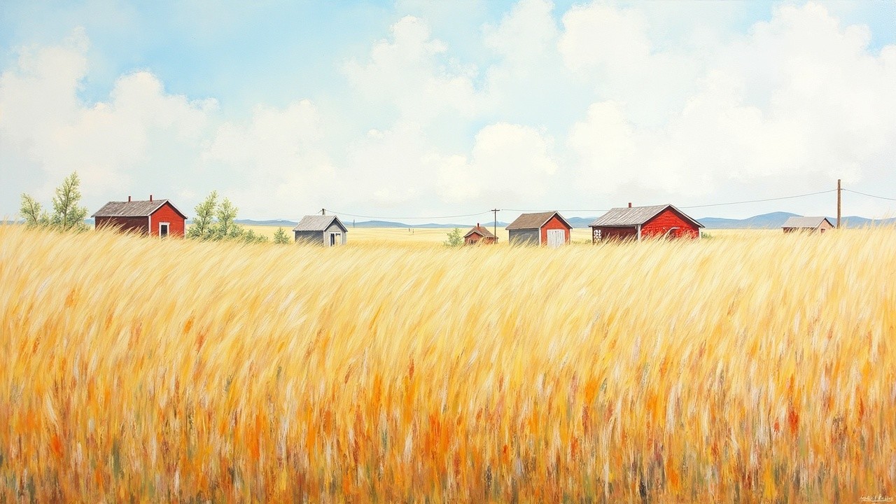 Panoramic Landscape of Wheat Fields and Rustic Houses