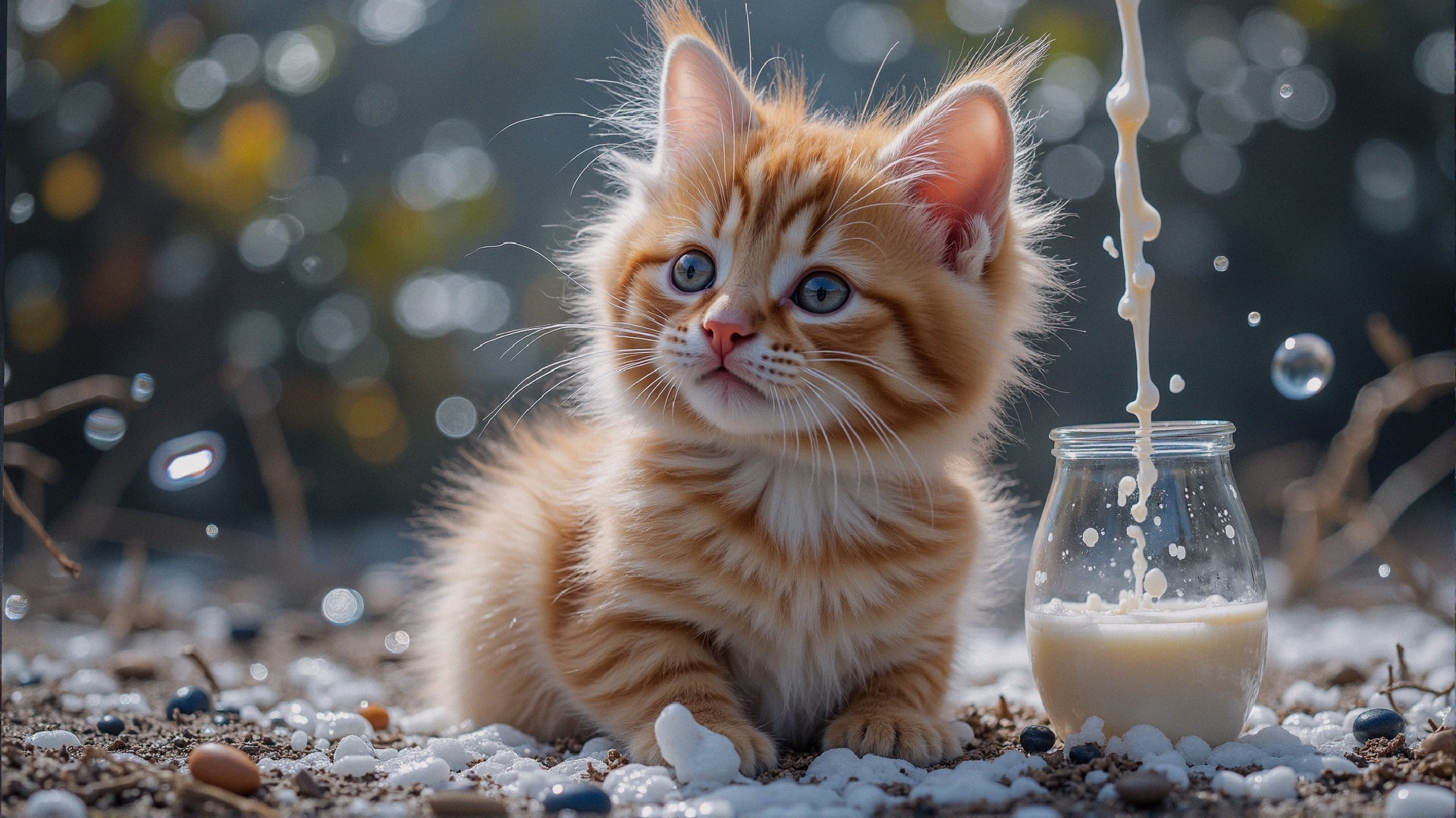 Fluffy Orange Tabby Kitten in Playful Milk Scene