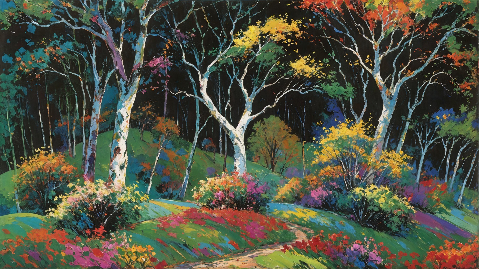Vibrant Forest Landscape with Colorful Undergrowth