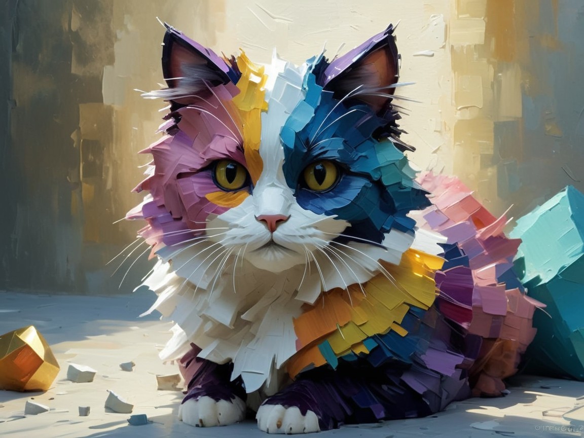 Colorful Abstract Cat Sculpture in Soft Lighting