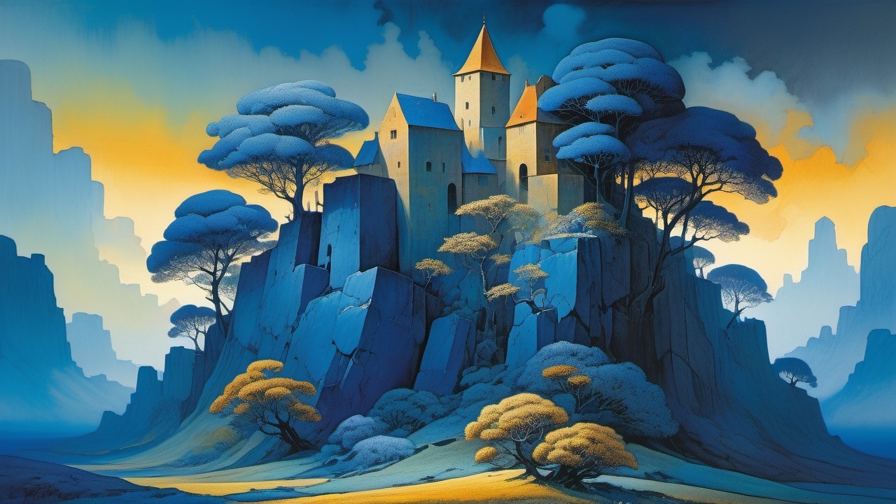 Majestic castle on rocky hill with contrasting landscape