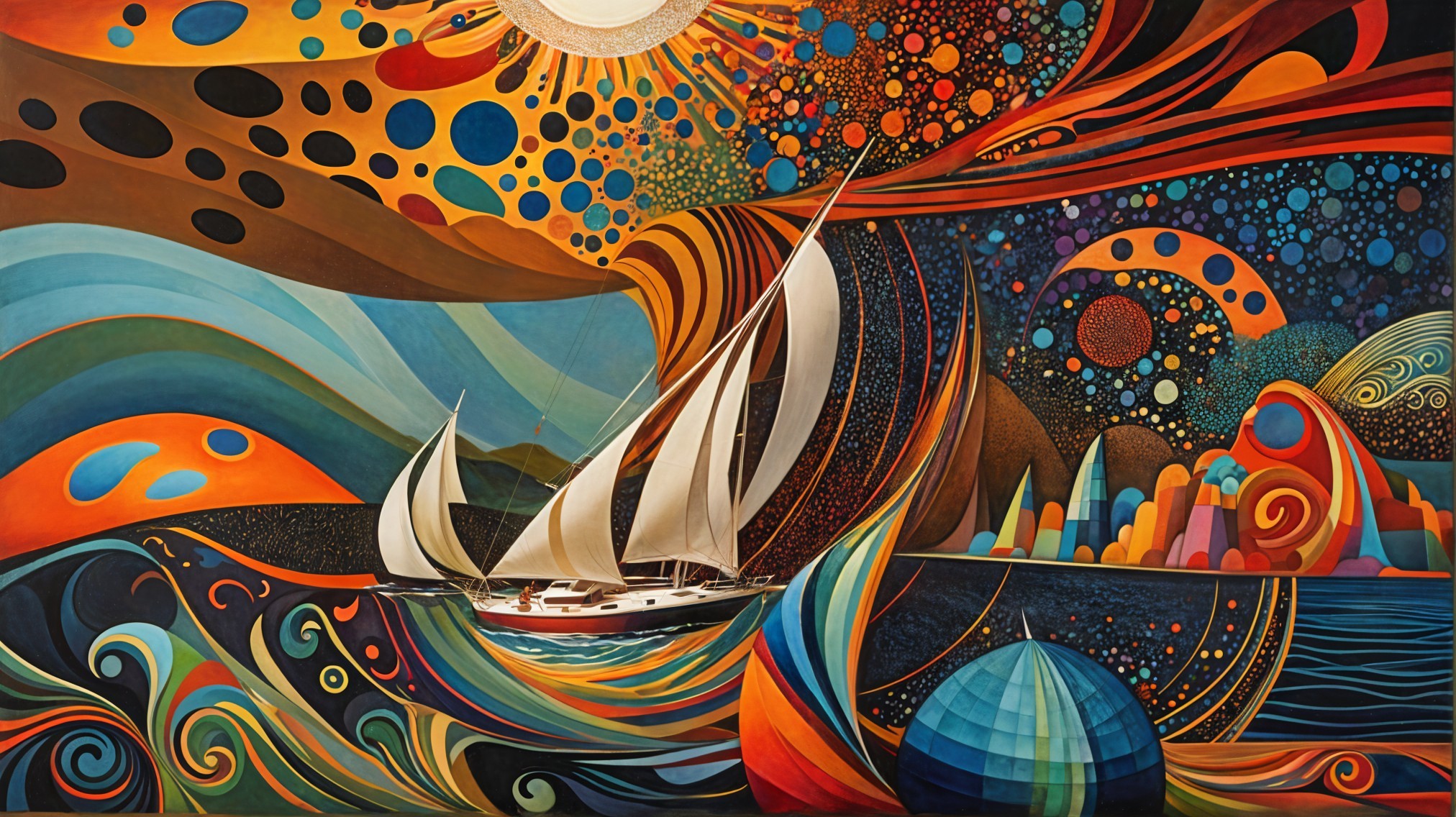 Abstract Sailing Ship in Colorful Cosmic Landscape