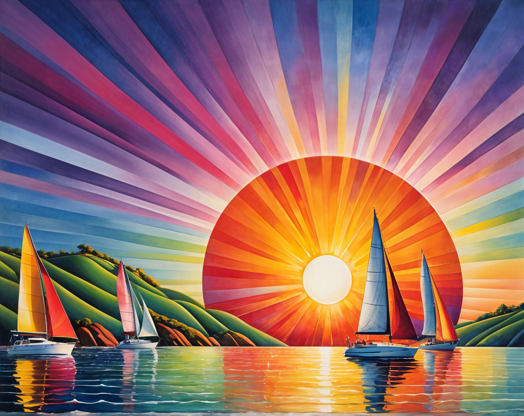 Vibrant Sunset with Sailboats and Green Hills
