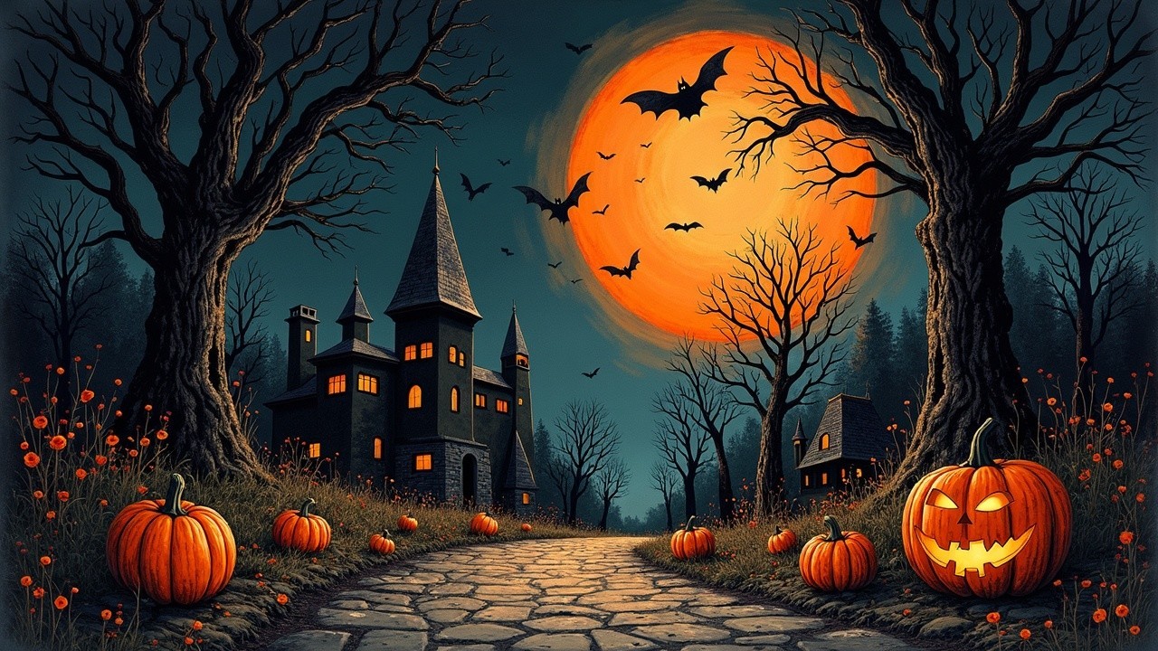 Spooky Halloween Scene with Forest and Haunted Castle