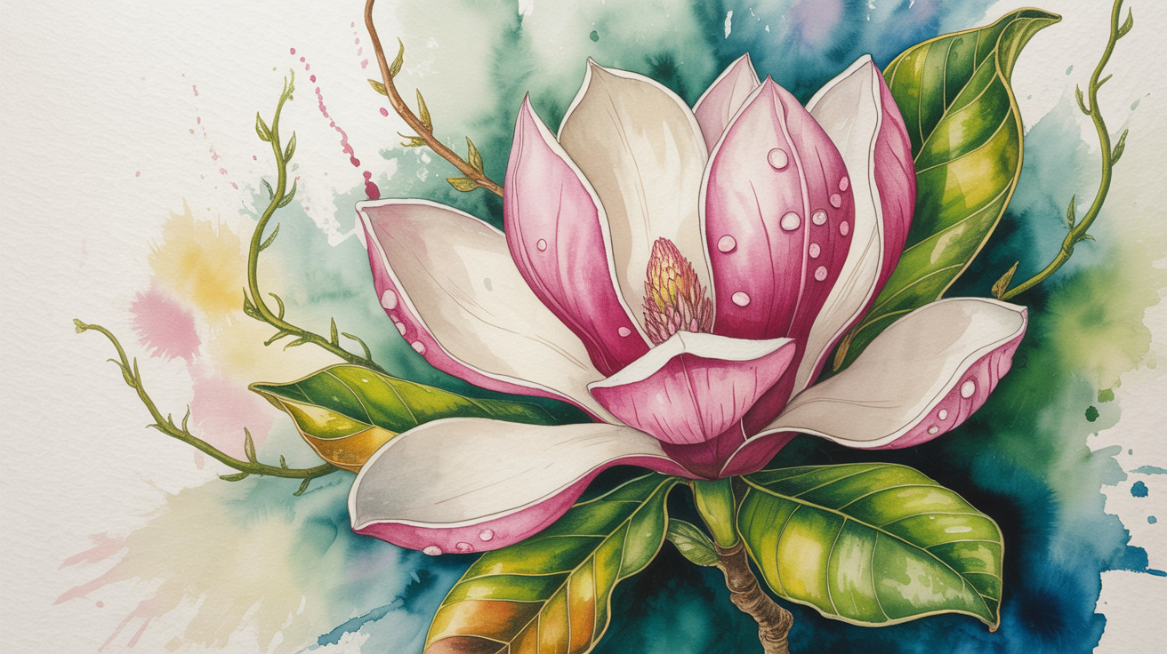 Detailed Illustration of a Magnolia Flower with Water Droplets