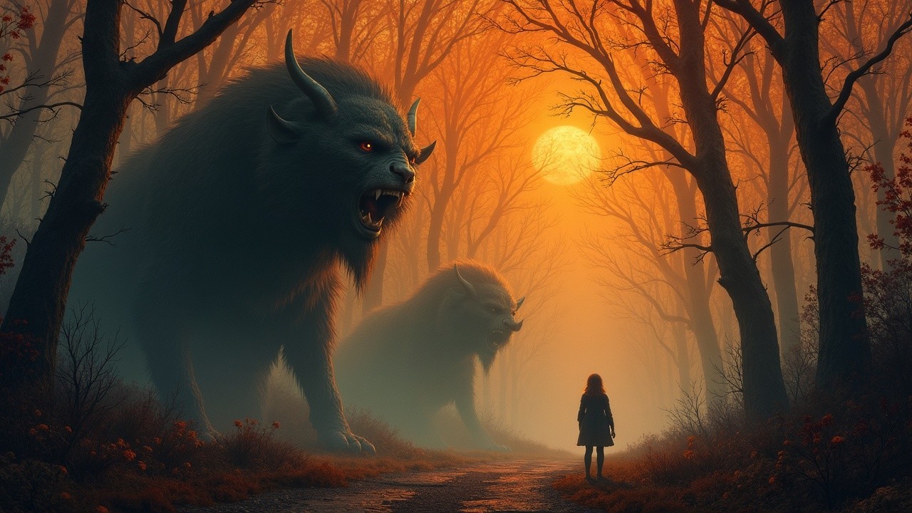 Foggy Twilight Forest with Monstrous Creatures