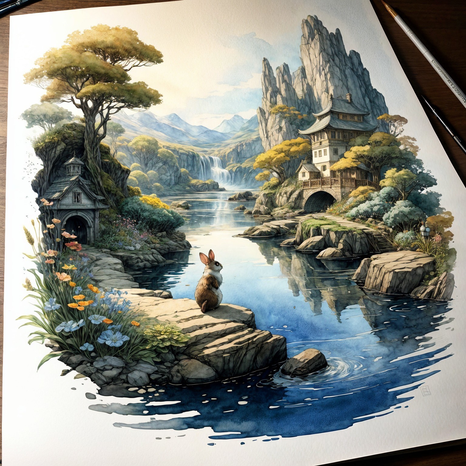 Tranquil River Valley with Mountains and Wooden House