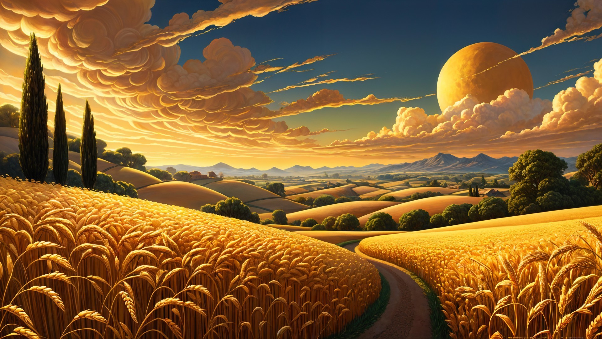 Golden Landscape with Wheat Fields and Twilight Sky