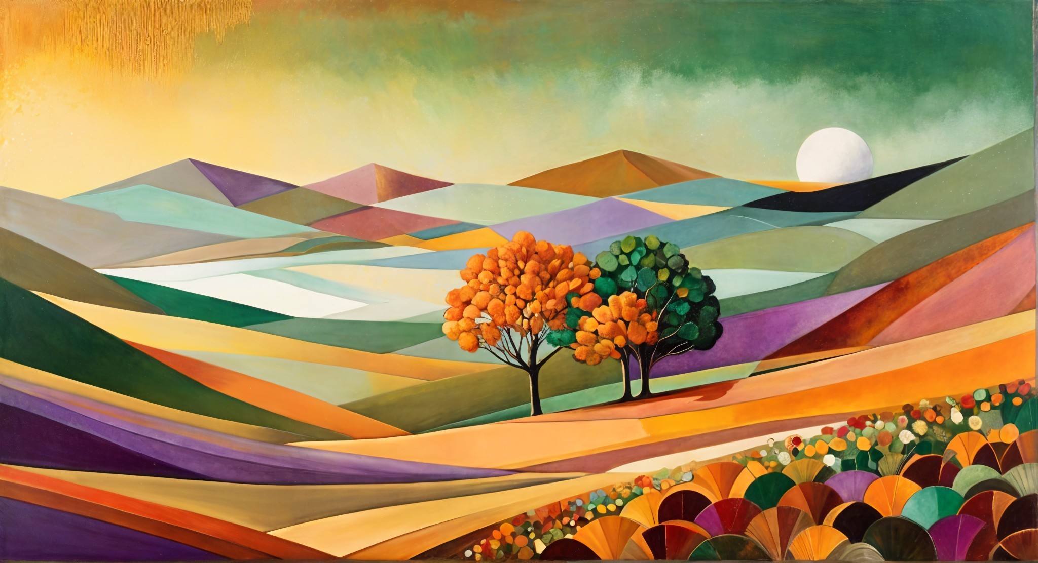 Vibrant Landscape with Rolling Hills and Stylized Trees