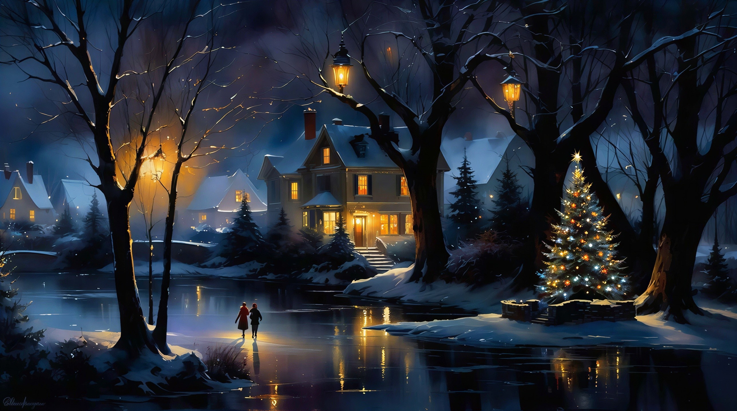 Winter Night Scene with Couple on Frozen Lake