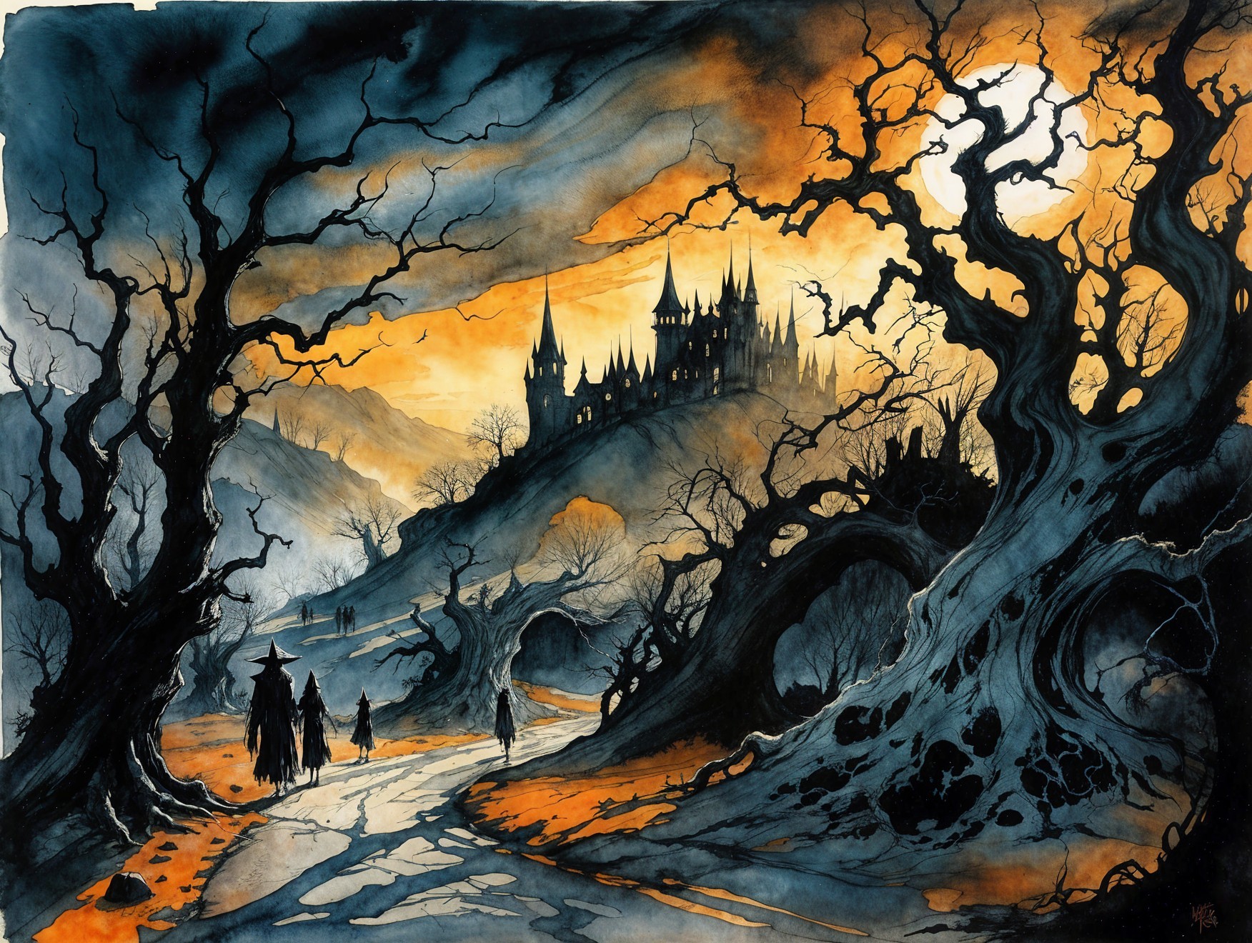 Gothic Landscape with Twisted Trees and Distant Castle