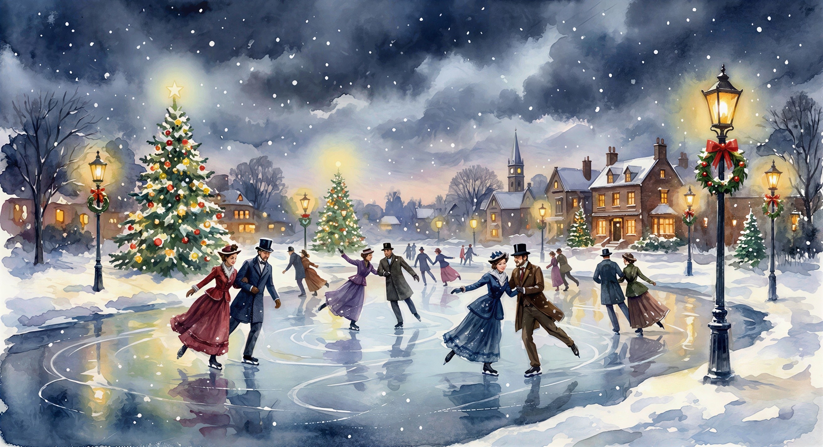 Christmas Scene with Ice Rink and Winter Attire