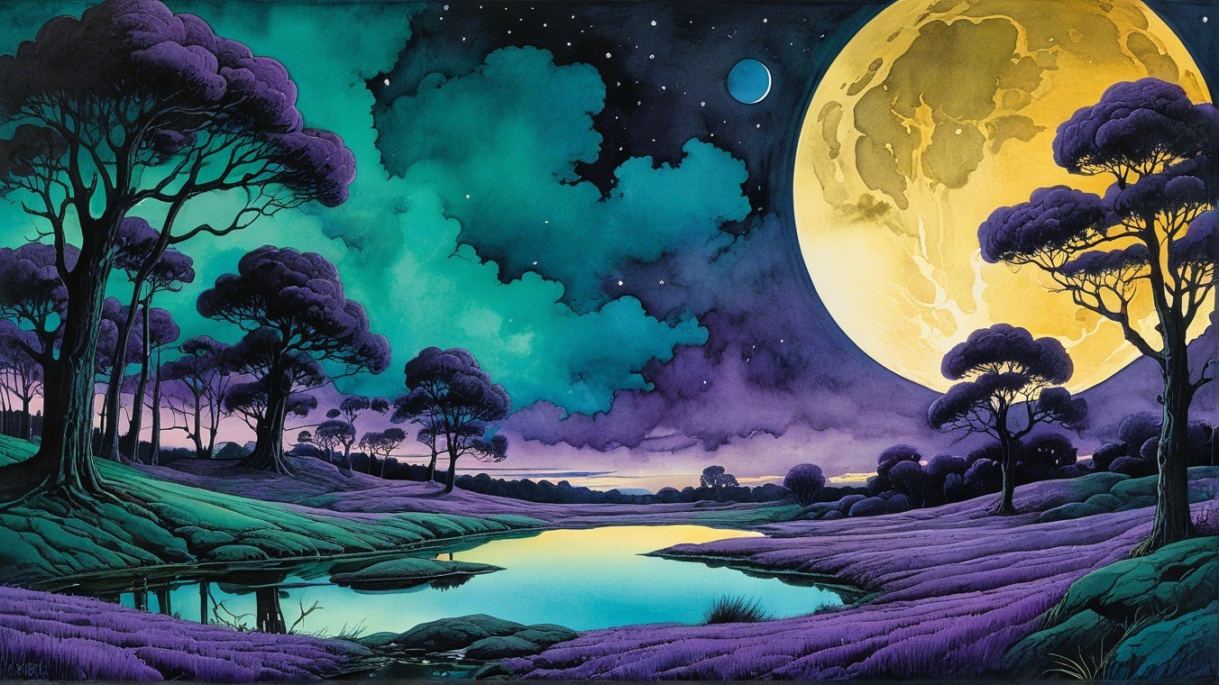Dreamlike Landscape with River and Luminous Moon