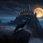 Mystical Figure on Rocky Peak Under Full Moonlight