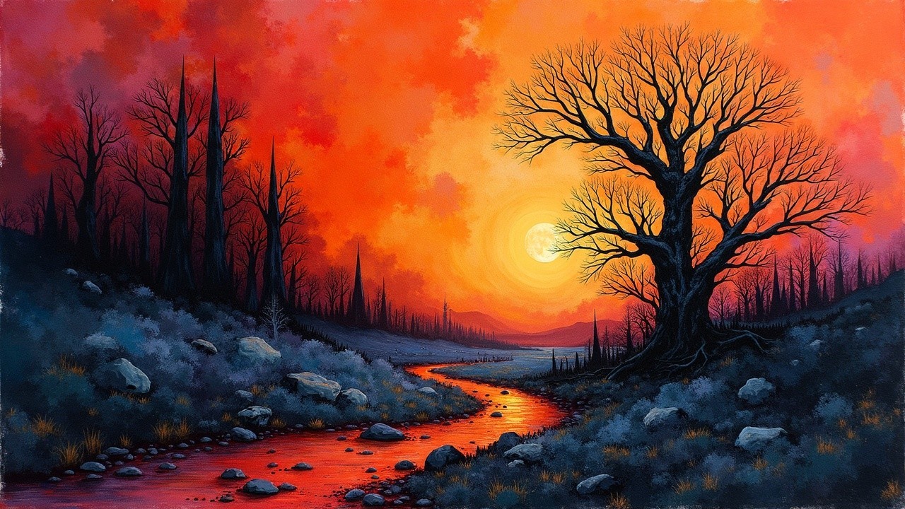 Dramatic Sunset Landscape with Leafless Tree and Stream
