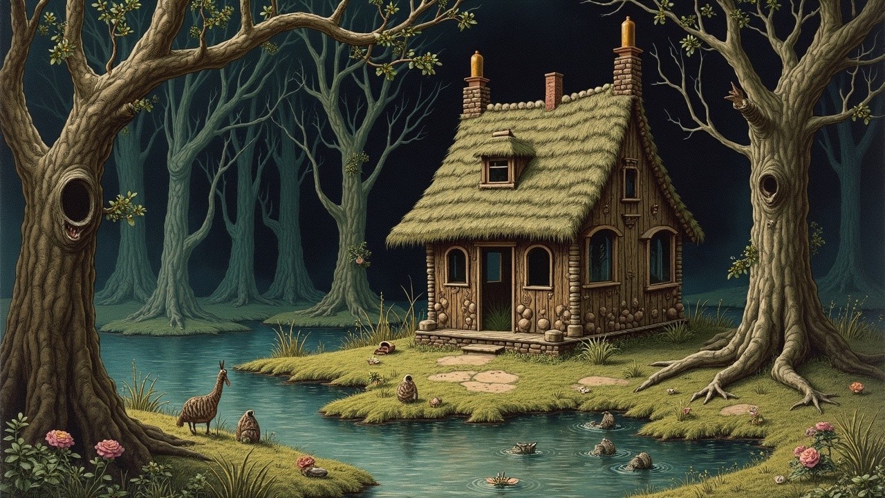 Whimsical Cottage by Tranquil Pond in Enchanted Forest