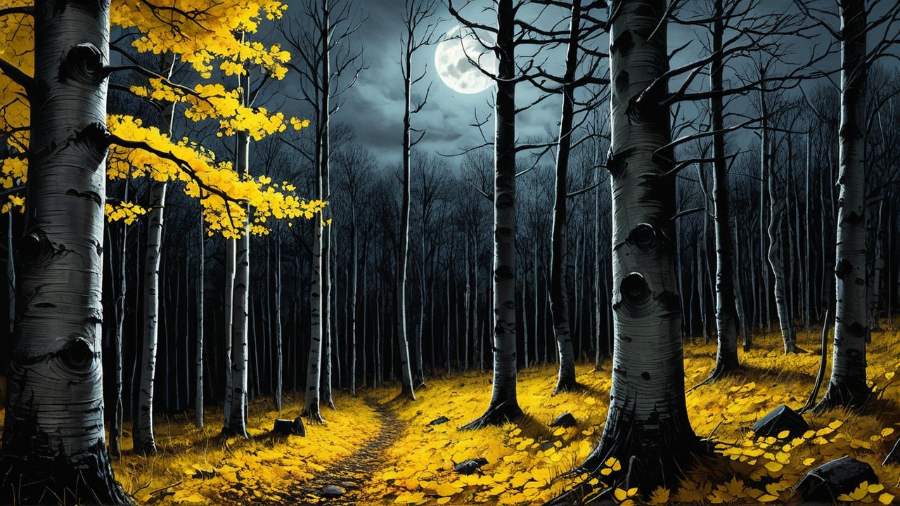 Moonlit Forest with Shadows and Autumn Leaves