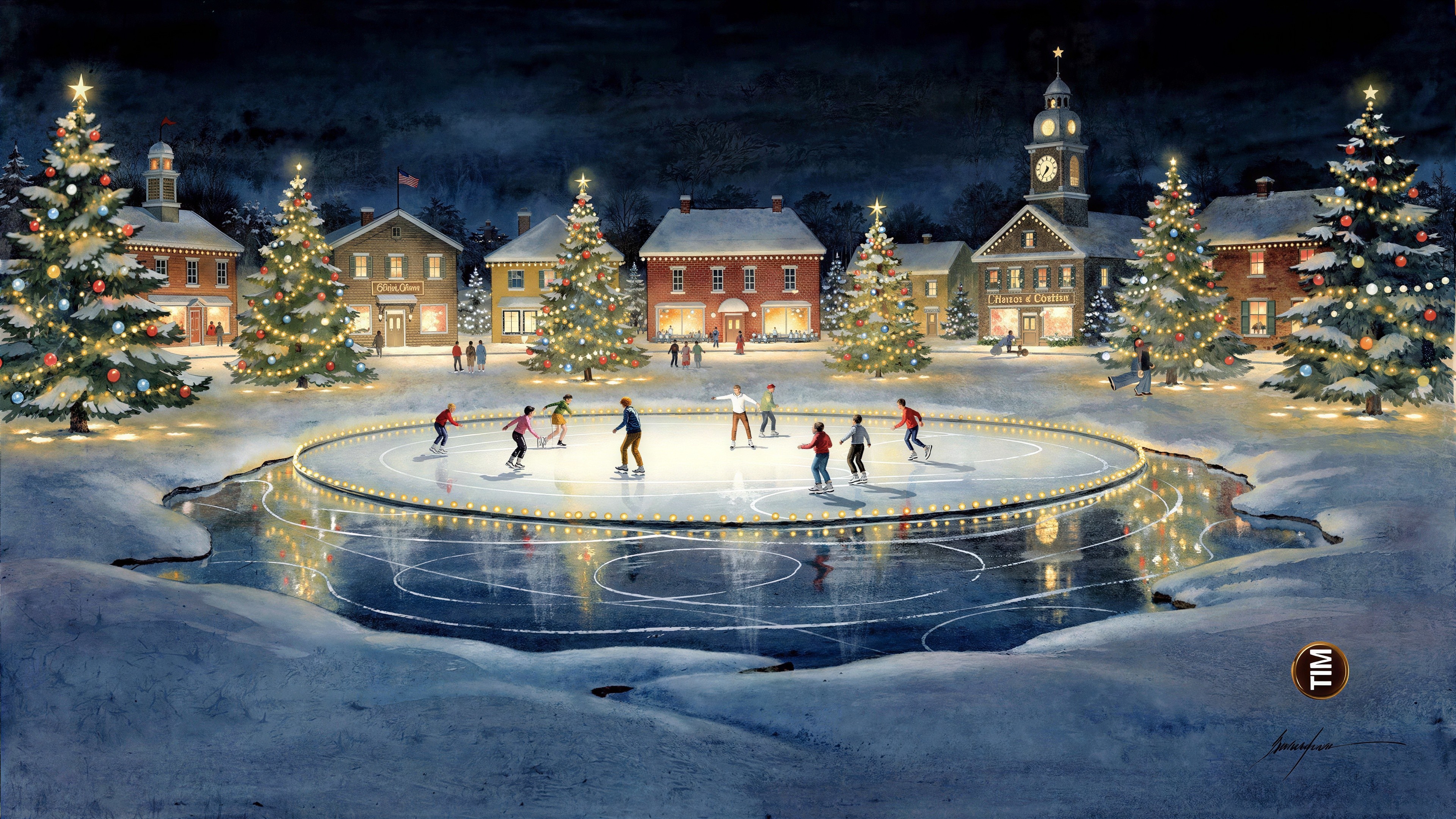 Colonial Town Square at Dusk with Christmas Lights